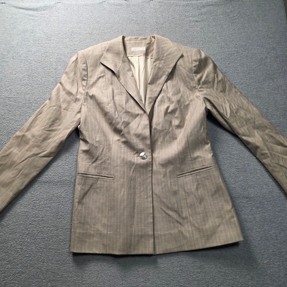 Suk Hui Ltd Blazer Jacket Womens Size M Beige Pinstripe Career Office Lined Coat